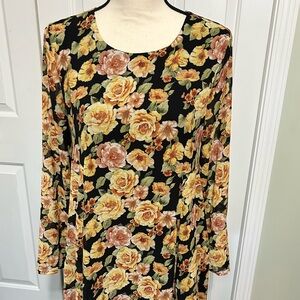 Forever 21 Black Floral Roses Babydoll Swing Mini Dress 90s Size Small